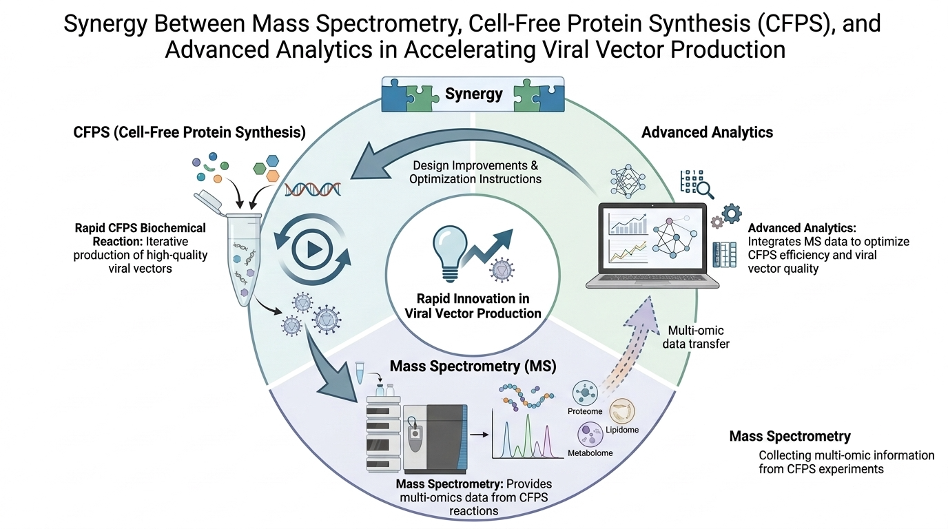 Circular diagram titled “Synergy between mass spectrometry, cell-free protein synthesis (CFPS), and advanced analytics in accelerating viral vector production.” Three segments run clockwise around a center labelled “rapid innovation in viral vector production.” Upper left, CFPS: reagents and a DNA template enter a reaction tube, which yields viral vector particles. Bottom, mass spectrometry: those particles are analyzed by liquid chromatography–mass spectrometry, producing proteome, lipidome and metabolome data. Right, advanced analytics: the multi-omic data is integrated computationally, and design improvements and optimization instructions return to the CFPS reaction, closing the loop.